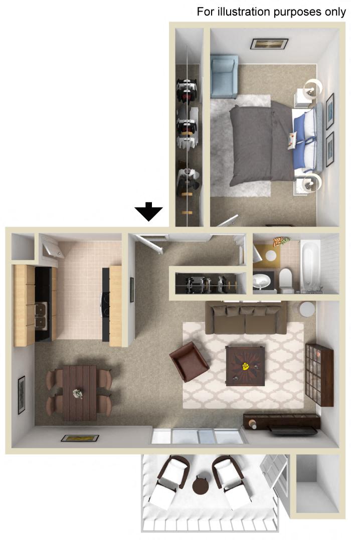 Floor plan for 1 bed, 1 bath, 710 sqft